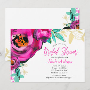 Bold Pink Modern Floral Watercolor Bridal Shower Invitation
