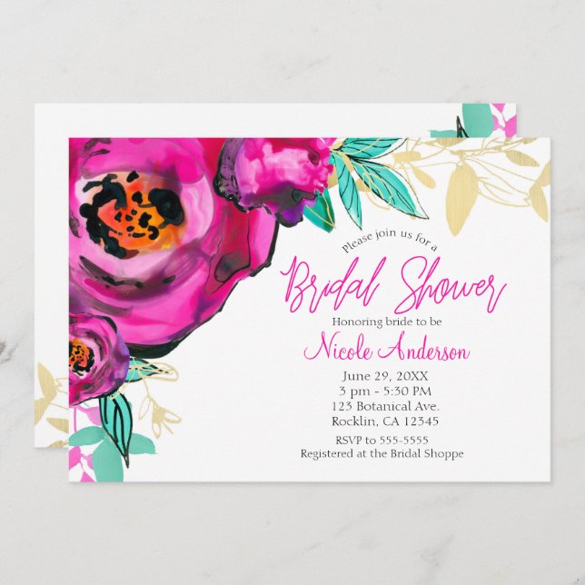Bold Pink Modern Floral Watercolor Bridal Shower Invitation (Front/Back)