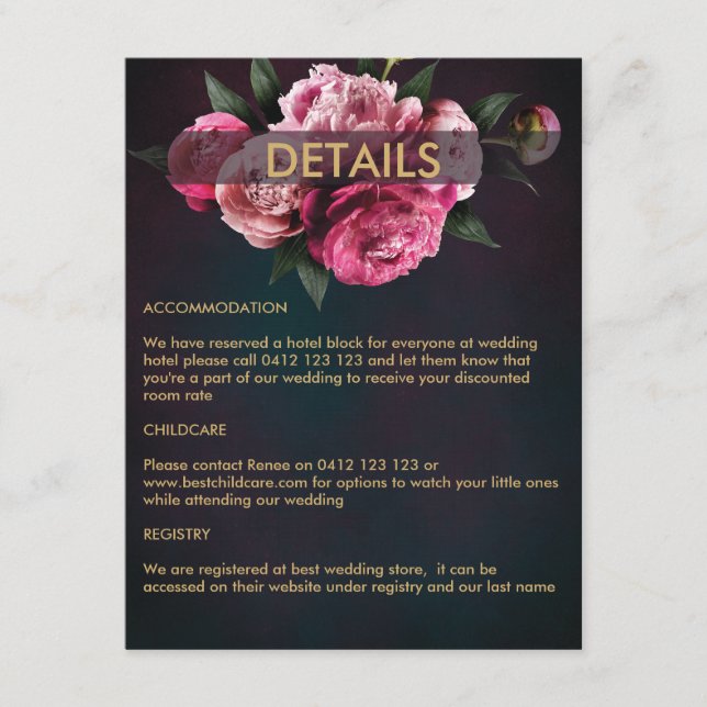 Bold Pink Modern Peony Flower Chic Wedding Enclosure Card (Front)