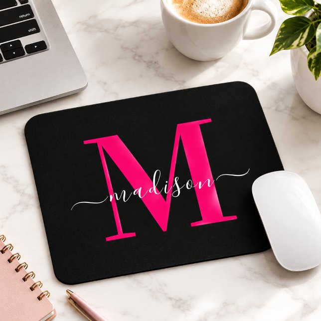 Bold Pink Monogram Initial Typography Black Girly  Mouse Mat (Creator Uploaded)