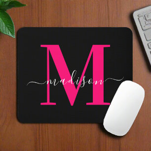 Bold Pink Monogram Initial Typography Black Girly  Mouse Mat
