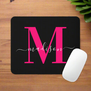 Bold Pink Monogram Initial Typography Black Girly Mouse Mat