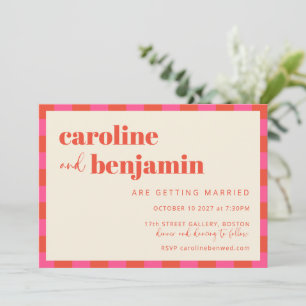 Bold Pink Orange Chequerboard All-in-One Wedding Invitation