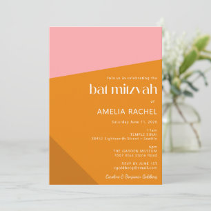 Bold Pink Orange Colour Block Bat Mitzvah Party Invitation