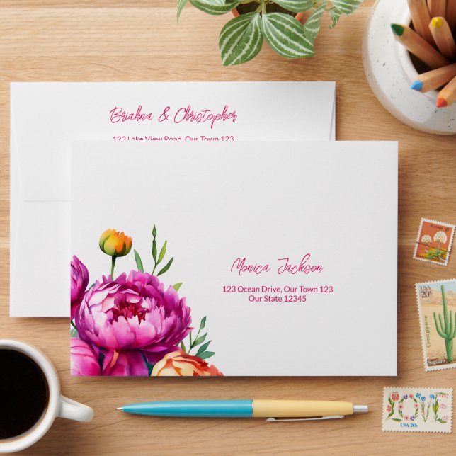 Bold pink orange peonies wedding return address envelope (Desk)