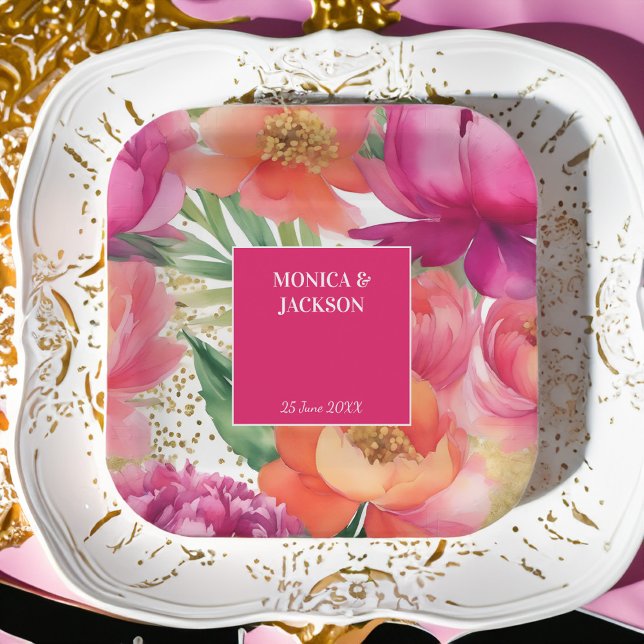 Bold pink orange peony elegant wedding tableware paper plate (Bold pink orange peony flowers elegant wedding tableware personalized paper plates wedding decor)