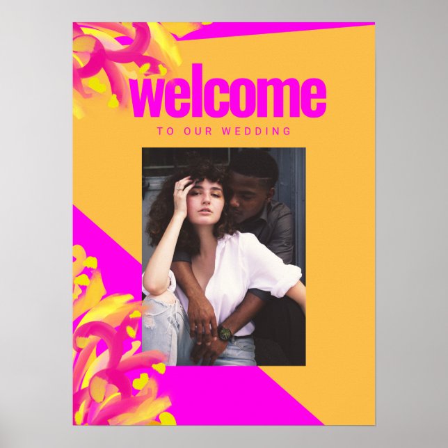 Bold Pink Orange Photo Wedding Welcome Sign (Front)