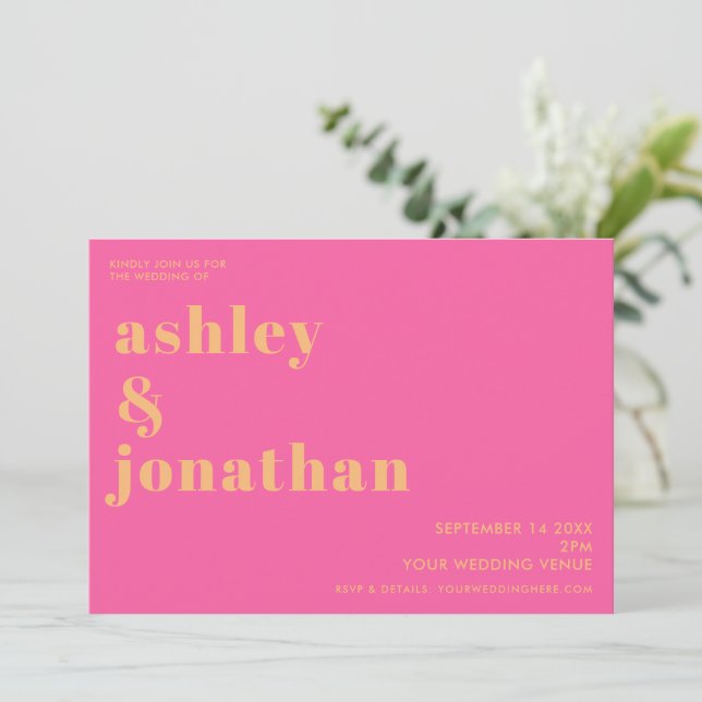 Bold Pink Orange Typography Modern Wedding Invitation (Standing Front)