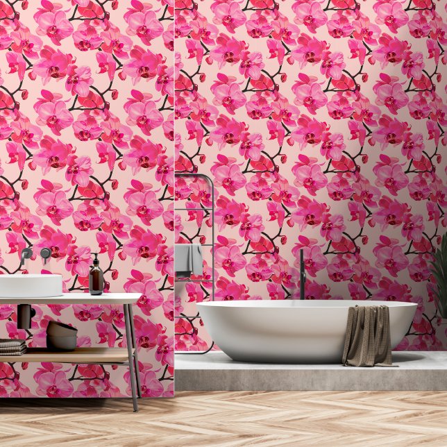 Bold Pink Orchid Floral Botanical Removable Wallpaper (Bathroom)