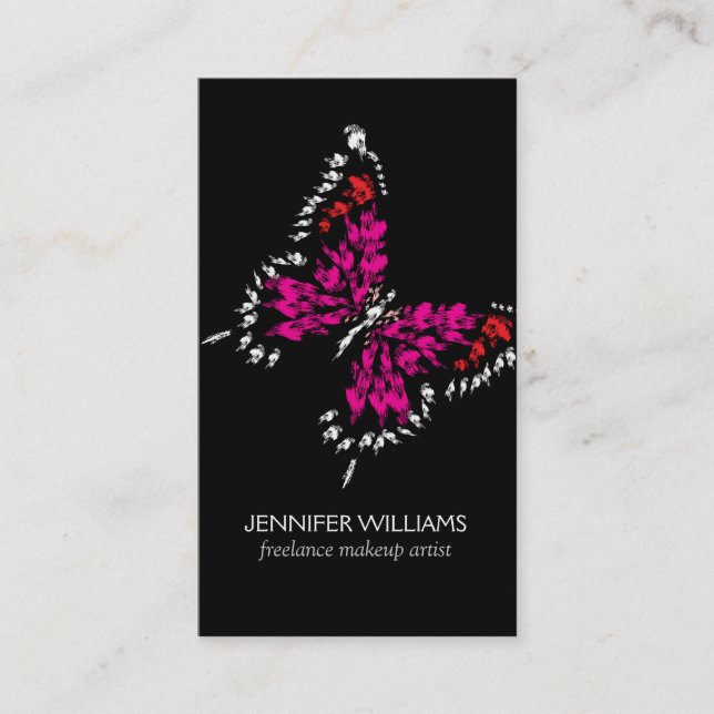 Bold Pink Painted Butterfly on Black Business Card (Front)