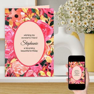 Bold Pink Personalised Floral Watercolor Birthday Card