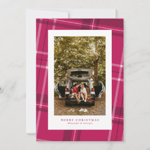 Bold pink plaid fun one photo Christmas Holiday Card