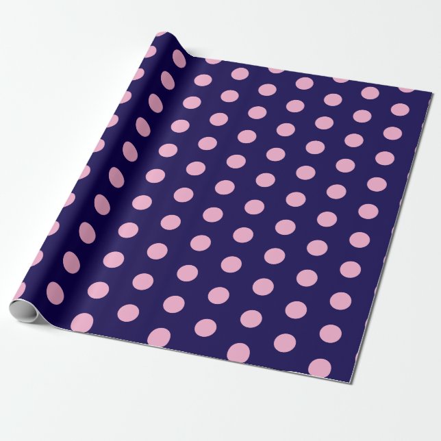 Bold Pink Polka Dots on Navy Blue  Wrapping Paper (Unrolled)