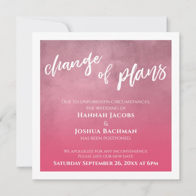 Bold Pink Postponed Wedding Change of Plans Card (Front)