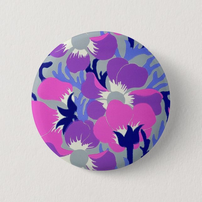 Bold Pink & Purple Windflower Pattern Retro  6 Cm Round Badge (Front)