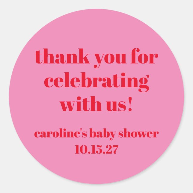 Bold Pink Red Custom Baby Shower Thank You Classic Round Sticker (Front)
