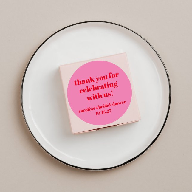 Bold Pink Red Custom Bridal Shower  Thank You Classic Round Sticker (Creator Uploaded)