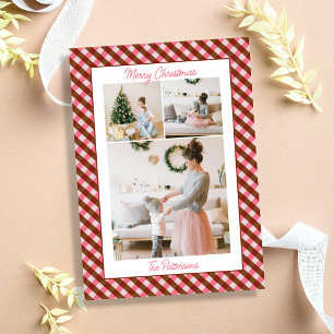 Bold Pink & Red Gingham Plaid 3 Photo Christmas Holiday Card
