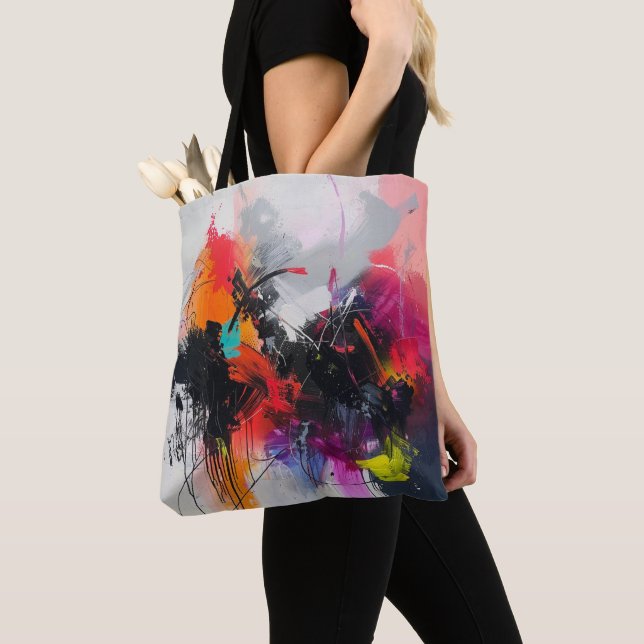 Bold Pink Red Grey Textured Abstract Art Tote Bag (Close Up)