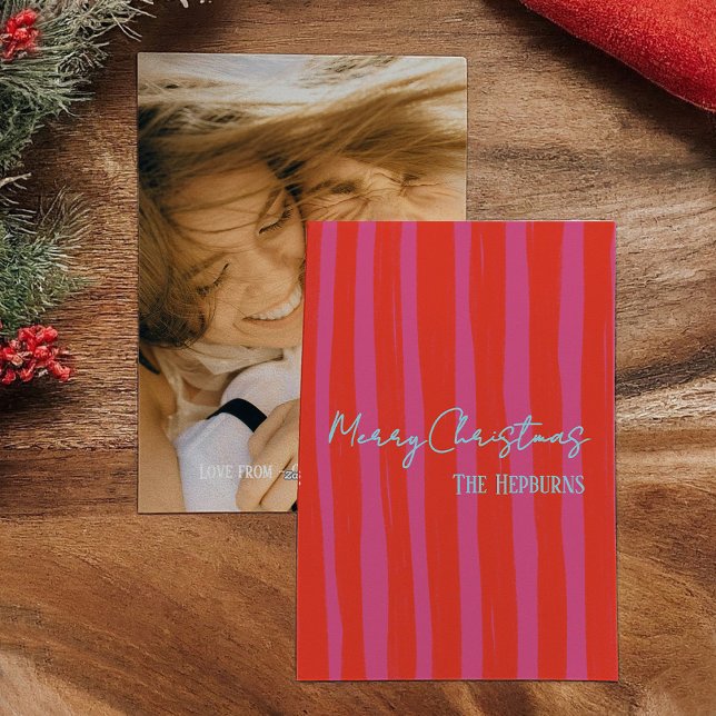 Bold Pink Red Hand-drawn Stripe Photo Christmas Holiday Card (Playful and bold, this photo holiday card features cheerful red and pink hand-drawn stripes.)