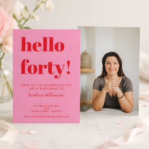 Bold Pink Red Modern 40th Birthday Photo Invitation