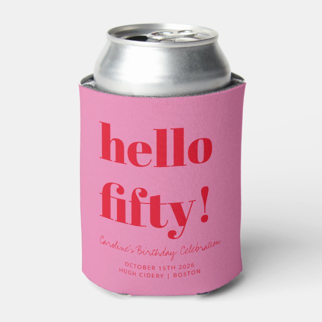 Bold Pink Red Modern 50th Birthday Custom  Can Cooler (Can Front)