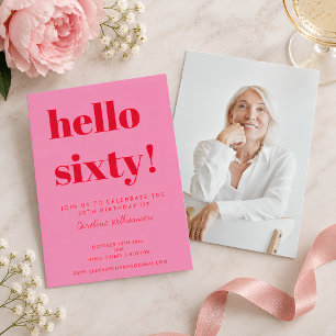Bold Pink Red Modern 60th Birthday Photo Invitation