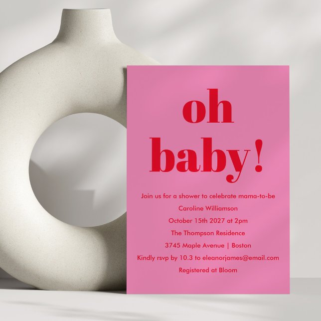 Bold Pink Red Modern Fun Simple Baby Shower Invitation (Creator Uploaded)