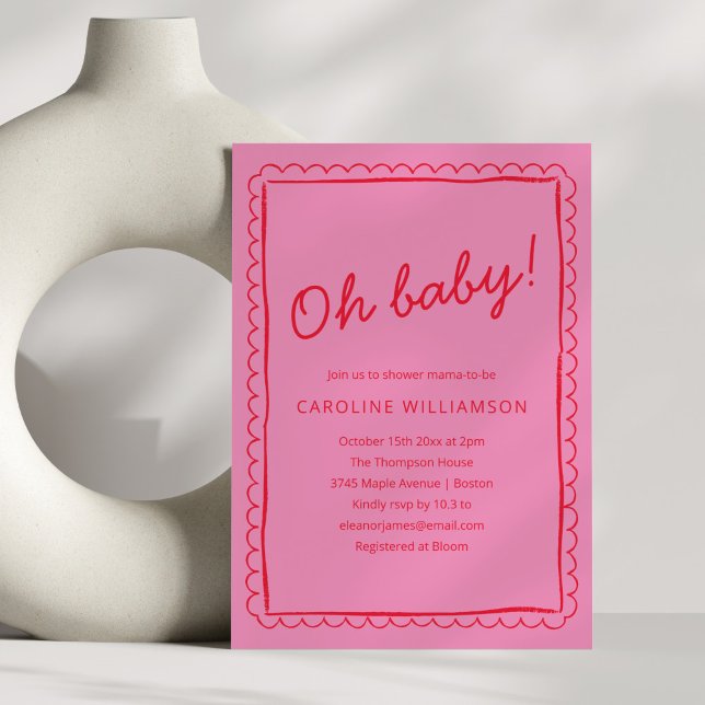 Bold Pink Red Modern Whimsical Border Baby Shower Invitation (Creator Uploaded)