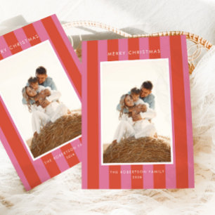 Bold Pink & Red Retro Stripe Photo Christmas Holiday Card