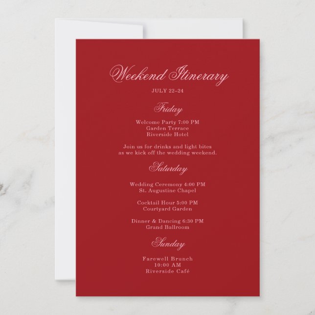 Bold Pink Red Script Wedding Itinerary Card (Front)