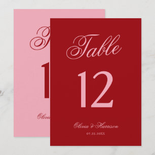 Bold Pink Red Script Wedding Table Number
