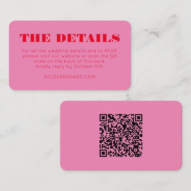 Bold Pink Red Typography Wedding Details QR Code Enclosure Card (Front/Back)