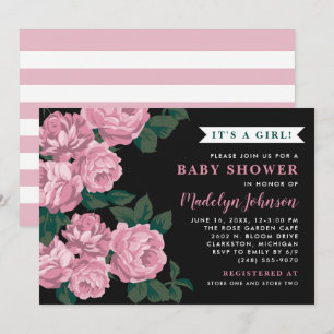 Bold Pink Rose Black Baby Girl Shower Invitation