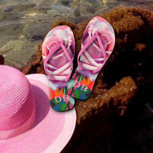 Bold Pink Rose Bohemian Artsy Floral Monogrammed Flip Flops