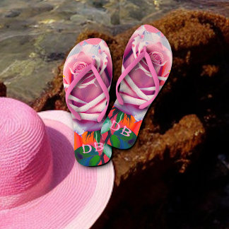 Bold Pink Rose Bohemian Artsy Floral Monogrammed  Flip Flops