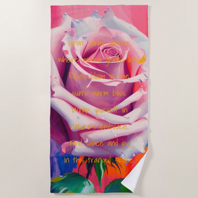 Bold Pink Rose in Bloom Poem Bohemian Artsy Beach Towel (Front)