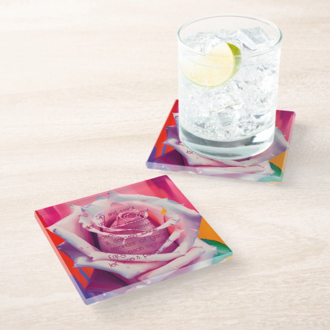 Bold Pink Rose in Bloom Poem Bohemian Artsy Glass Coaster (Angled)