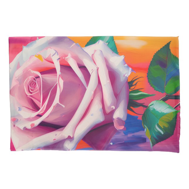 Bold Pink Rose in Bloom Poem Bohemian Artsy Pillowcase (Front-Left)