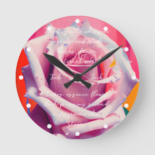Bold Pink Rose in Bloom Poem Bohemian Artsy Round Clock