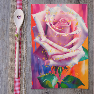 Bold Pink Rose in Bloom Poem Bohemian Artsy Tea Towel