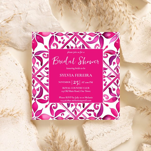 Bold pink Spanish talavera Mexican bridal shower Invitation (Bold pink Spanish talavera tiles folk pattern Mexican Hacienda bridal shower Invitation template)
