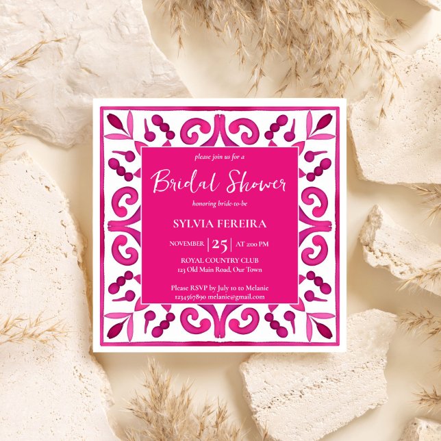 Bold pink Spanish talavera Mexican bridal shower Invitation (Bold pink Spanish talavera vintage Mexican Hacienda bridal shower Invitation template download)