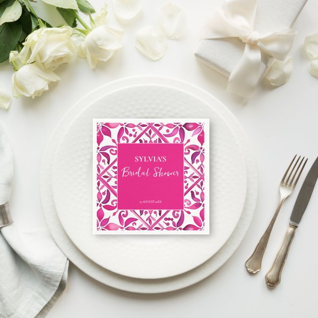 Bold pink Spanish talavera Mexican bridal shower Napkin (Bold pink Spanish talavera vintage Mexican bridal shower monogram printed  Napkins personalized deco)