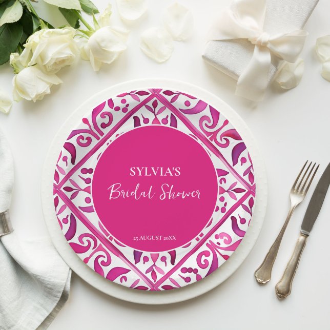 Bold pink Spanish talavera Mexican bridal shower Paper Plate (Bold pink Spanish talavera vintage Mexican bridal shower monogram printed  Paper Plates table decor)