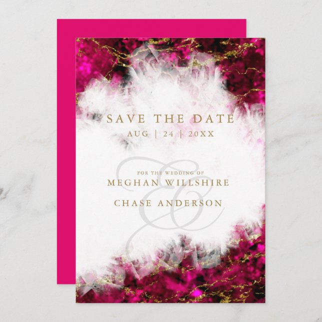 Bold Pink Tourmaline and Crystal Save the Date Invitation (Front/Back)