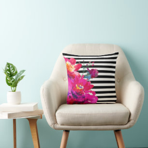 Bold Pink Watercolor Floral Black White Stripe Cushion