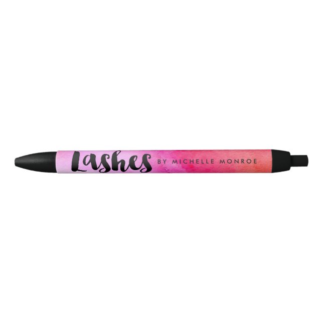 Bold Pink Watercolors Lash Extensions Personalised Black Ink Pen (Front)