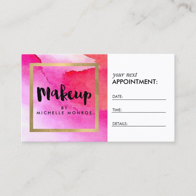Bold Pink Watercolors Makeup Artist Appointment Card (Front)