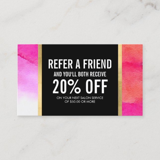Bold Pink Watercolors Makeup Artist Referral Card (Front)